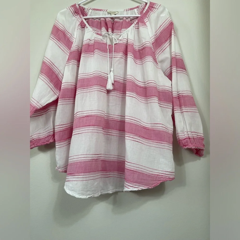 Sonoma Life Style Pink 3/4 Sleeve Blouse Lace Up Women's Pink White Strip Sz 1X - Picture 3 of 12